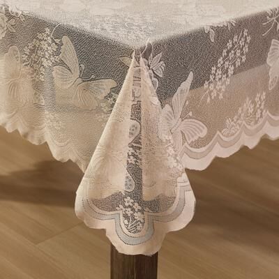 HLC.ME Butterfly Floral Lace Fabric Tablecloth, Wrinkle Resistant Table Cloth Round or Square Tables, Patterned Scalloped