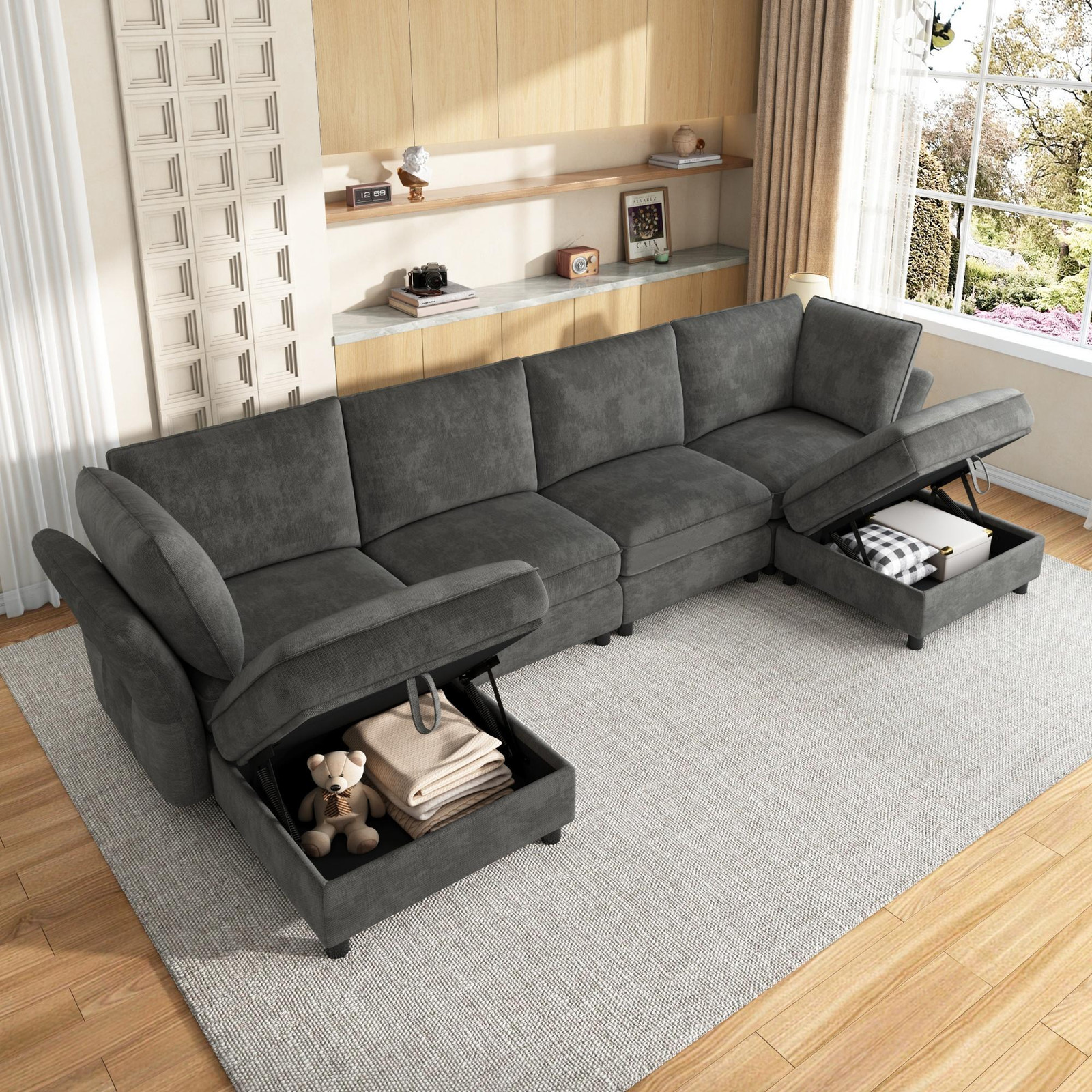 STILVORA Modulaire Cloud bank voor 6 personen, grijze chenille hoekbank met opbergkrukje en 2 armleuningkussens