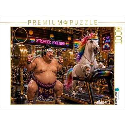 CALVENDO Puzzle Sumoringer und Einhorn beim Sport | 1000 Teile Lege-Größe 64x48cm Foto-Puzzle für glückliche Stunden