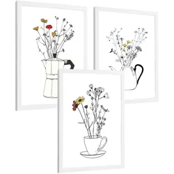 POSTER 3er Set Blumen in Kaffeekanne Wandbilder Mokkakanne Teekanne Tasse Strichzeichnung Küche Deko Weißer Rahmen A3