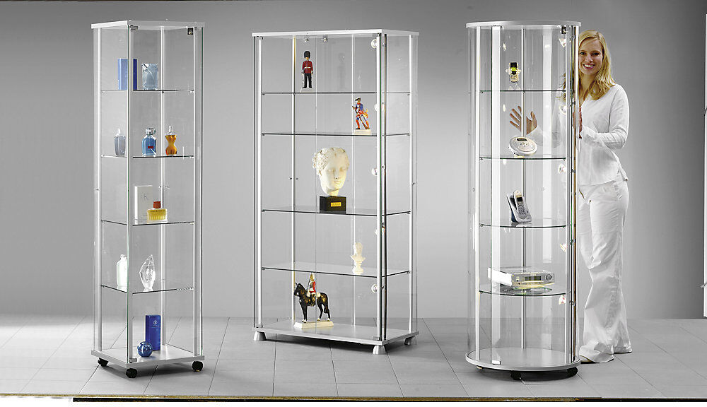 kaiserkraft Präsentations-Vitrine, 1 Drehflügeltür, 4 Designer-Rollen, mit LED-Beleuchtung
