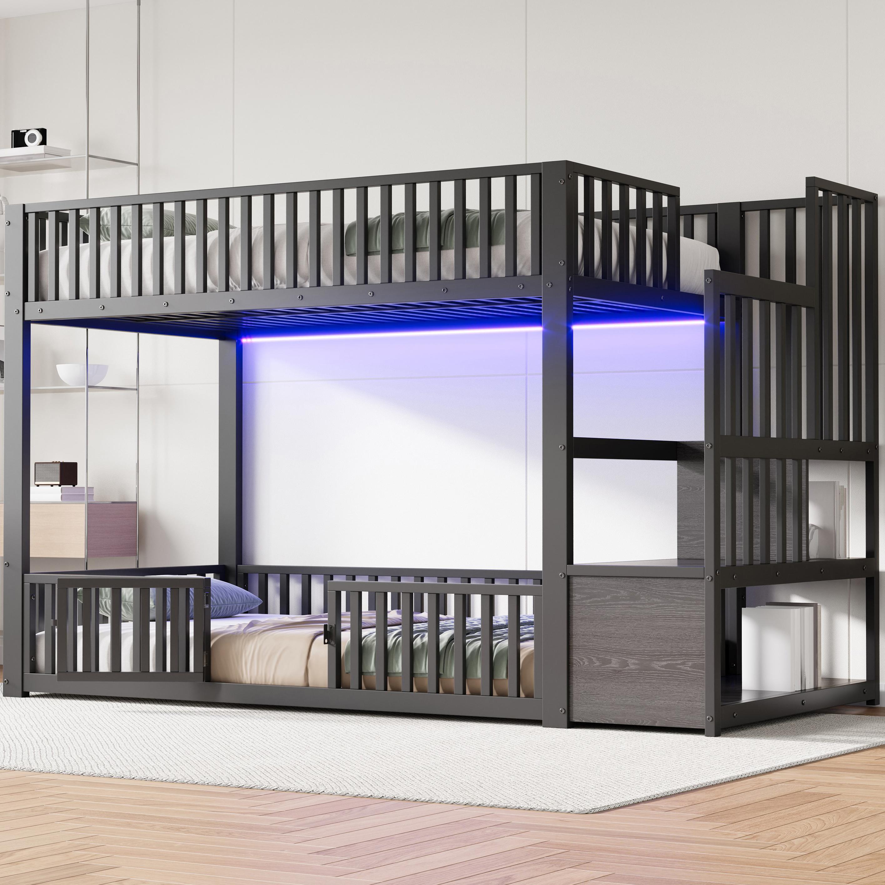 Etagenbett, 90x200 cm, mit Stauraumleiter und LED, Schwarz