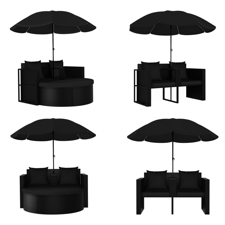 vidaXL Gartenbett mit Sonnenschirm Poly Rattan Schwarz - Gartenstuhl - Gartenstühle - Sonnenliege - Sonnenliegen