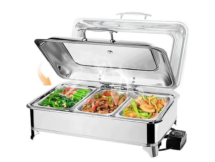 Chafing Dish Elektrisch 9L, Catering Warmhaltebehälter Edelstahl, Rechteckiger Chafing Dish Set Speisenwärmer mit Sichtbarem Glasdeckel(3pans)