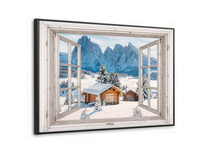 MuchoWow Leinwand Bilder mit Rahmen - Winterlandschaft - Hütte - Berge - Ausblicke - Aussicht - Natur - 140x90, Weiß Hochglanz, Rechteckig, 140x90 cm, gerahmt, Bilder & Rahmen, Bilder, Leinwandbilder