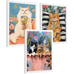 POSTER 3er Kunstdruck-Set Wandbilder Katzen modern Wohnzimmer Deko, Schlafzimmer, Küche, Badezimmer Weißer Rahmen A4