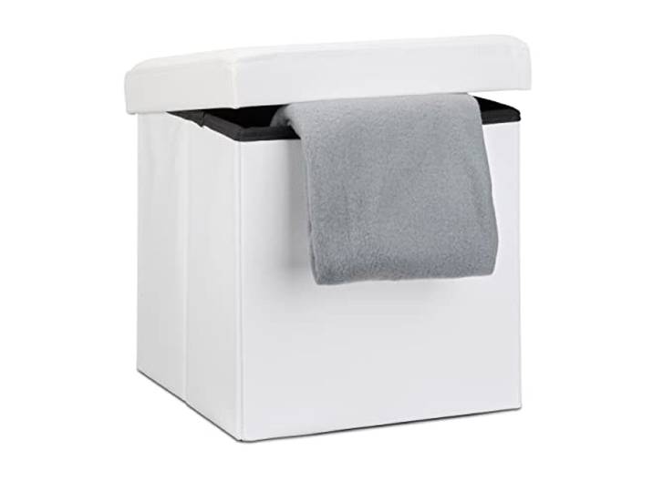 Relaxdays 10019043 Tabouret pliant en similicuir pouf de rangement pliable repose-pieds de stockage carré 38 x 38 x 38 cm avec couvercle amovible assise table ottoman coffre chaise\, blanc