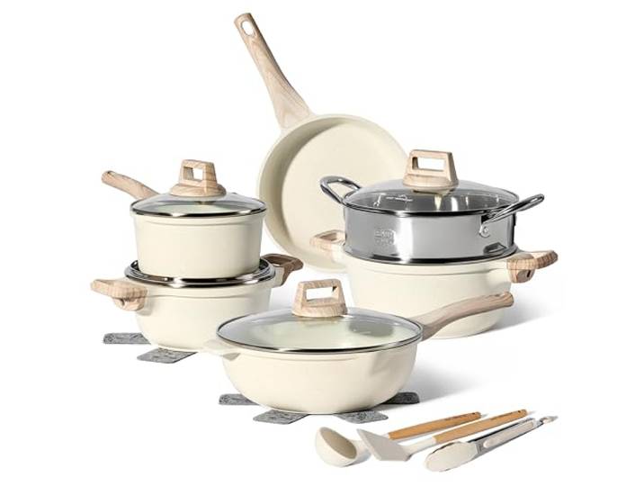 JUST PERFECTO - Induktions-Kochgeschirr-Set mit Deckeln - Für alle Wärmequellen geeignete Pfannen - Antihaft, PFOA & PTFE-freie Bratpfannen - 13-teiliges Set in Beige