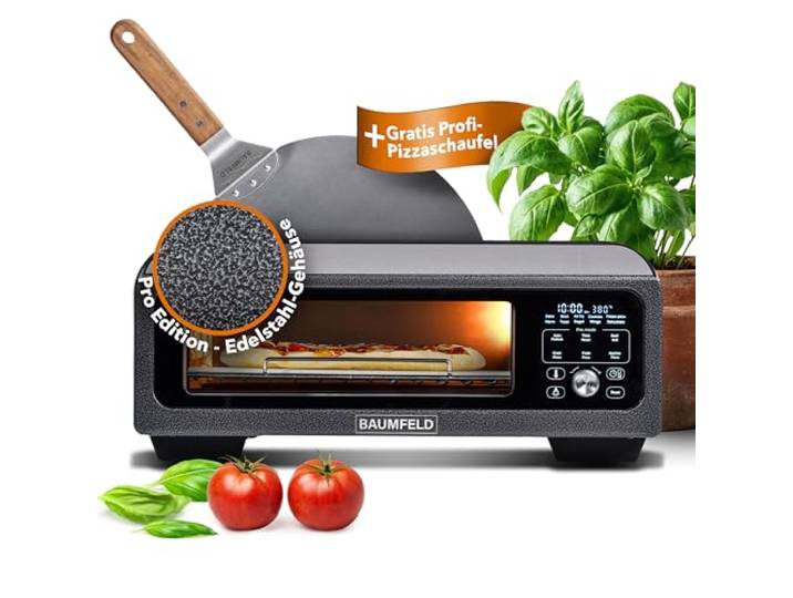 BAUMFELD PizzaAirfryer400 Pro - 12 in 1 Multifunktionsofen, Pizzaofen, 400 °C, tragbar, Grillen, Pizza, Air Fryer, Backen, XXL Zubehör, Indoor, Steinofenplatte, Gusseisenblech