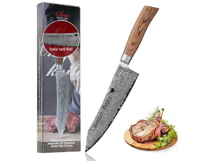 Wakoli EDIB Pro Damast Kiritsuke Chefmesser mit Gravur – Personalisiertes Messer, 20 cm Klinge aus 67 Lagen Damaststahl (VG10-Kern), ergonomischer Pakkaholzgriff – Profi Küchenmesser in Geschenkbox
