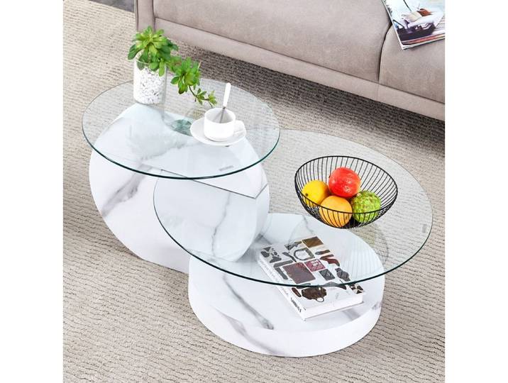 VUENOR Table basse ronde blanche - double niveau en verre de sécurité décor marbre
