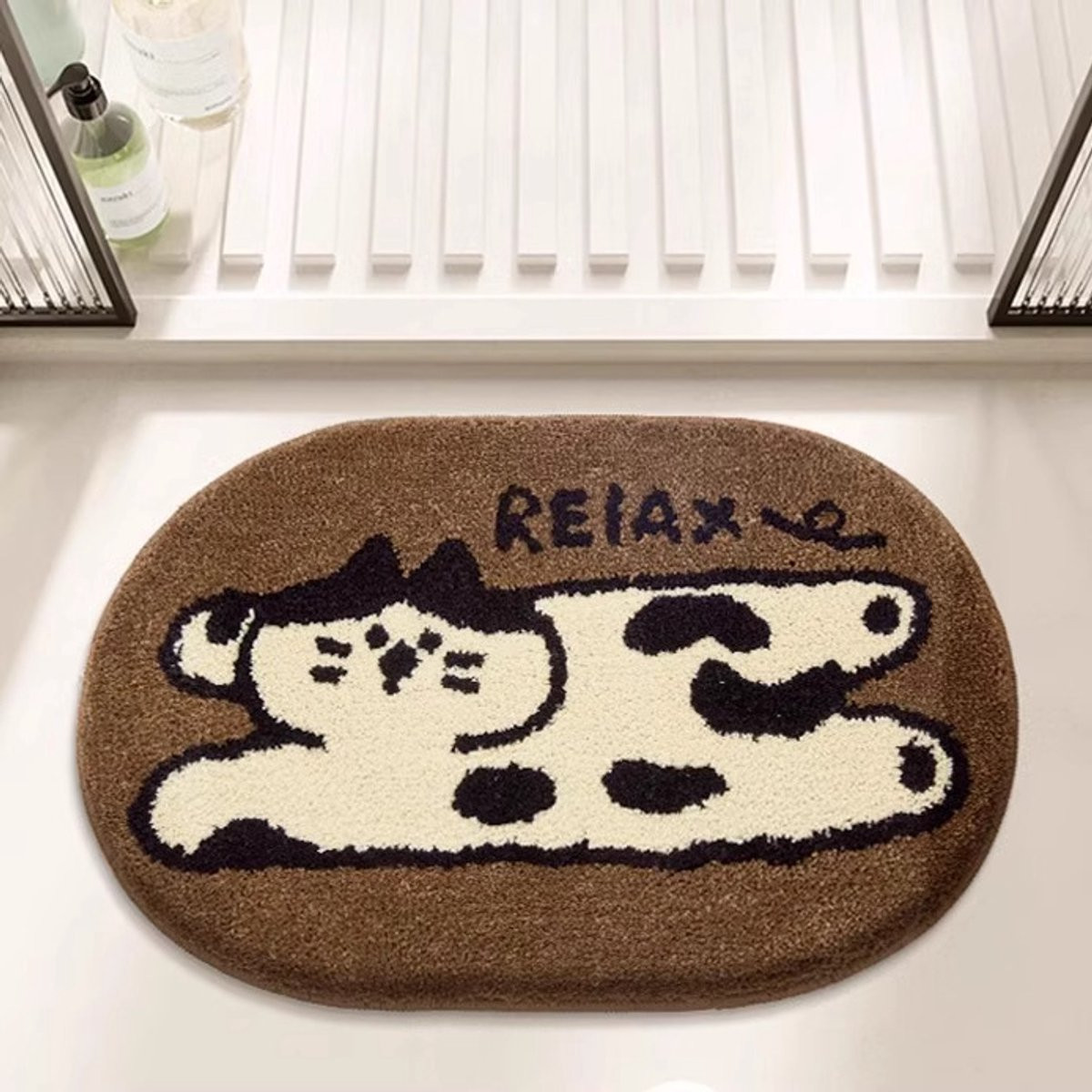 Bruine antislip badmat van microvezel met kattenmotief