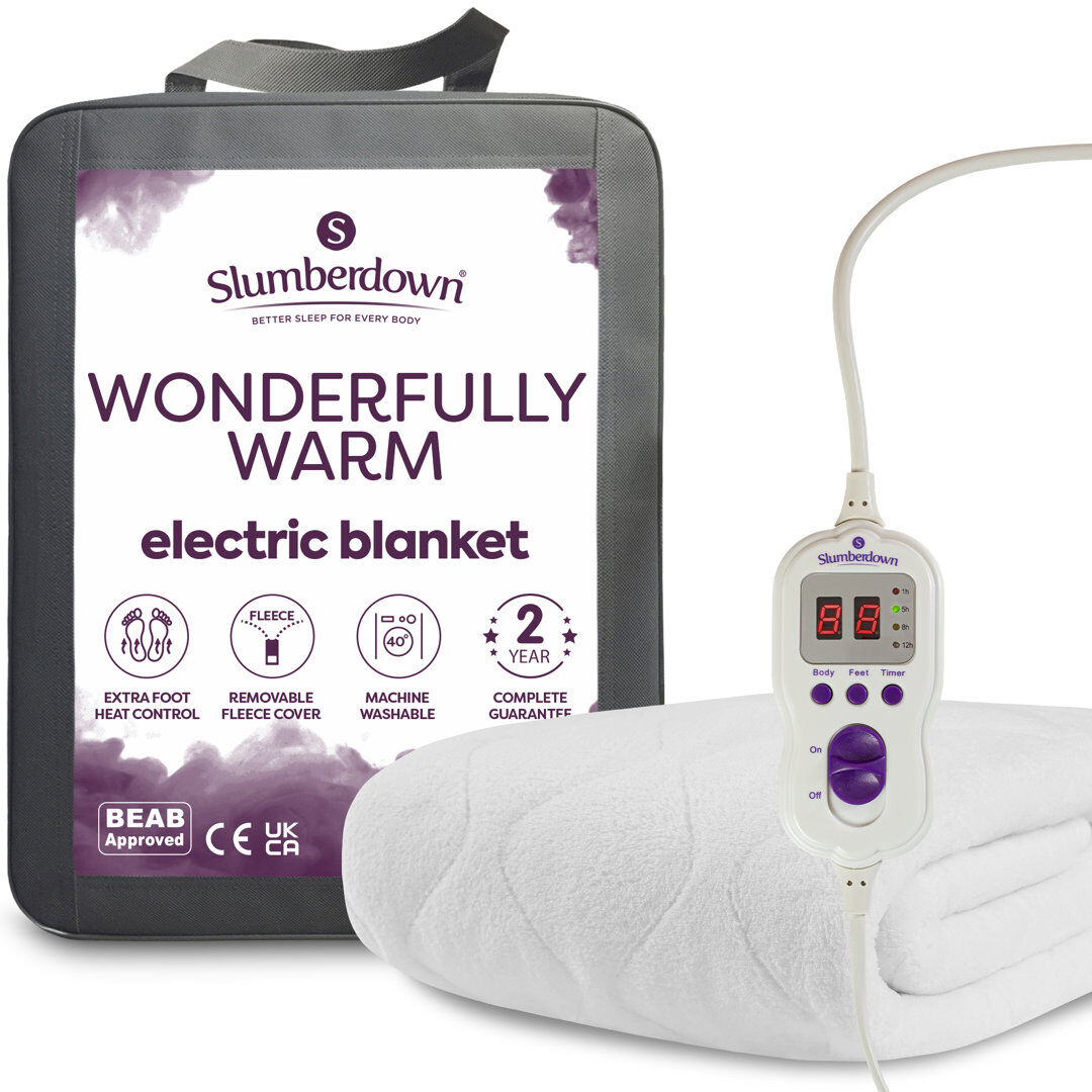 Slumberdown Wonderfully Warm Electric Blanket Control 9-Heat Settings Easy Fit Machine Washable White King