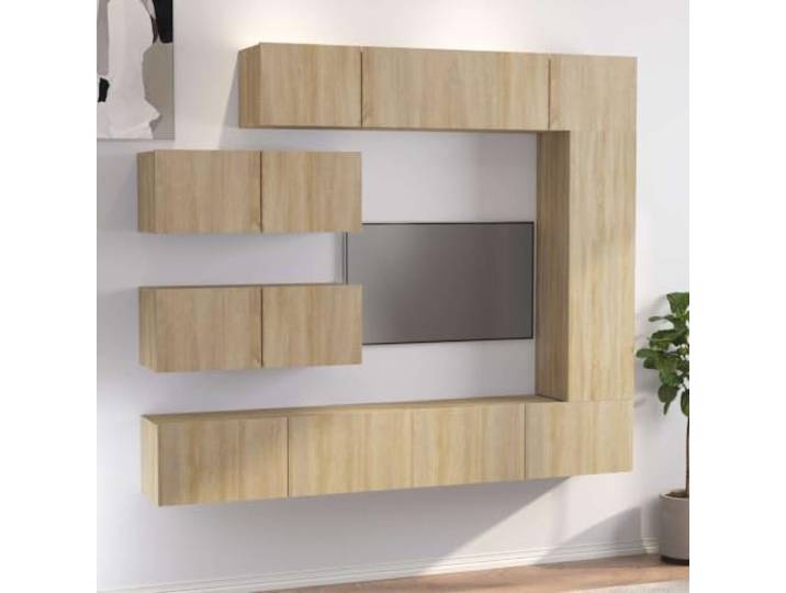 7-tlg. TV-Schrank-Set Sonoma-Eiche Holzwerkstoff Wandmontage Wohnzimmer Wandmontage spart Bodenfläche, Holzwerkstoff feuchtigkeitsbeständig, 7-teilig für Ordnung