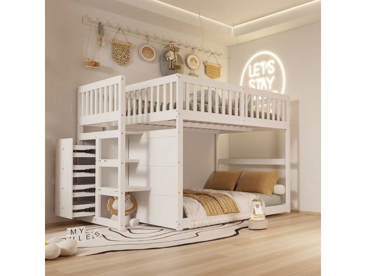 Lit superposé - Noname - 140x200cm - Bois blanc - Avec tiroirs - Sécurisé pour enfants