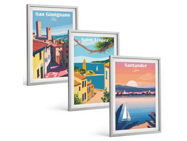 BILDER SET 3er Set - 40x60 cm Silberner Rahmen - Italienische Stadtlandschaften