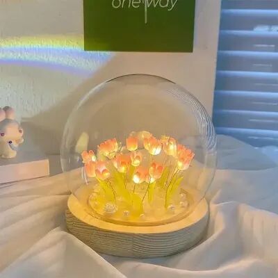 Smart Shopping Spot DIY Tulip Night Light Glass Dome LED Flower Lamp With Wooden Base For Bedroom Desk Decor Gift pink