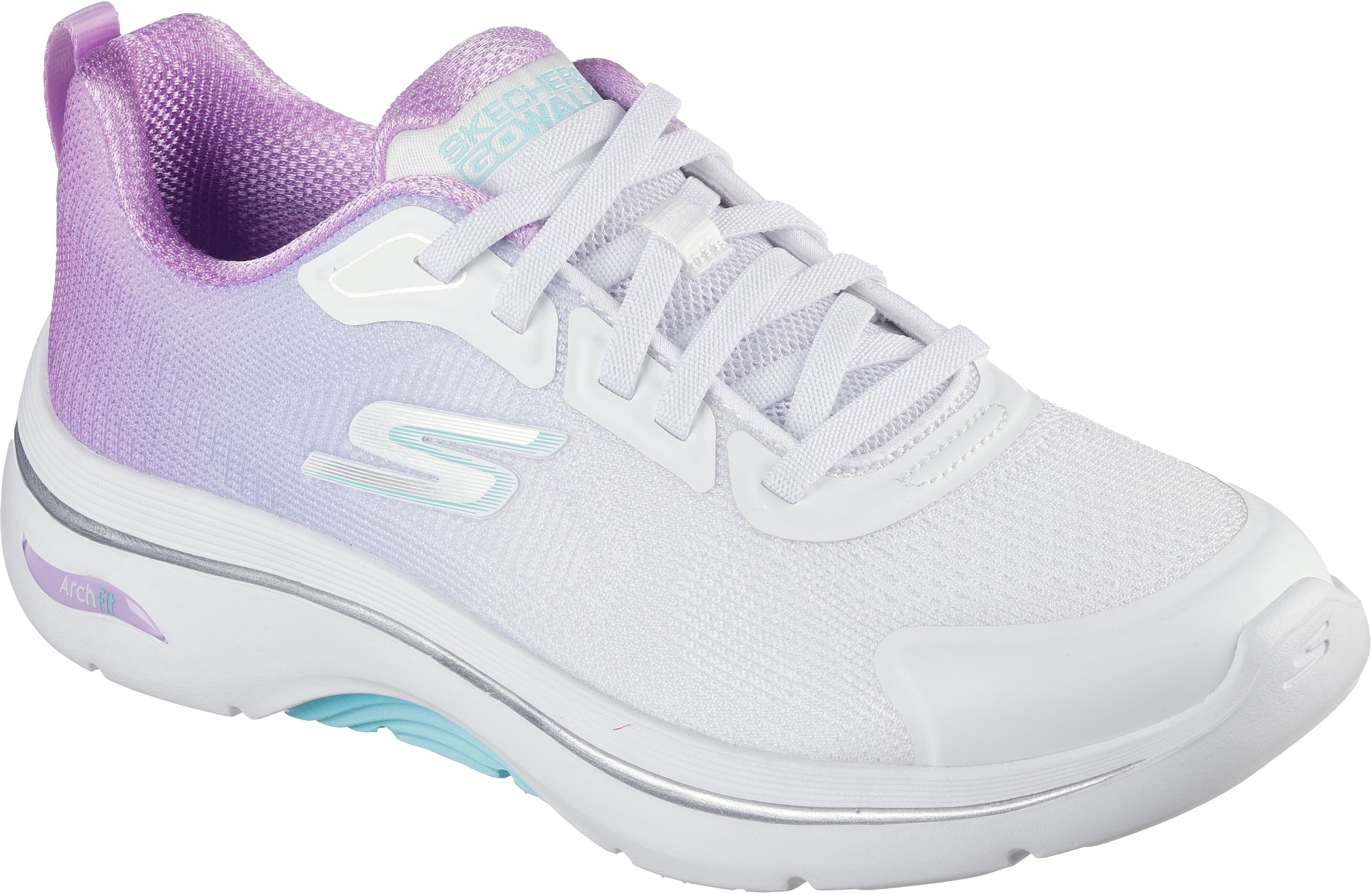 Slip-On Sneaker SKECHERS "GO WALK ARCH FIT 2.0", Damen, Gr. 35, atmungsaktiv, lila (weiß, lavendel), Synthetik, Textil, Schuhe Slip-On Sneaker, Sneaker, Schnürschuh mit Comfort Pillar weiß, lavendel 35, atmungsaktiv
