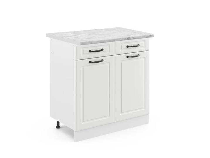Vicco Küchenunterschrank R-Line, Weiß Landhaus, 80 cm MDF-Front · Arbeitsplatte Marmor · Höhenverst. Füße · 2 Türen · Leichter Zugriff