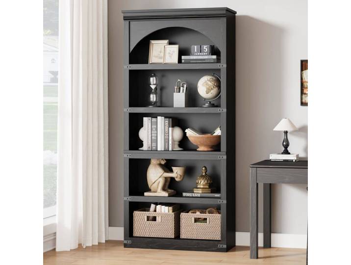 JoyGarden Bibliothèque autoportante style farmhouse arche 174 5 cm - 5 niveaux ouverts en bois structure sur pied - Noir