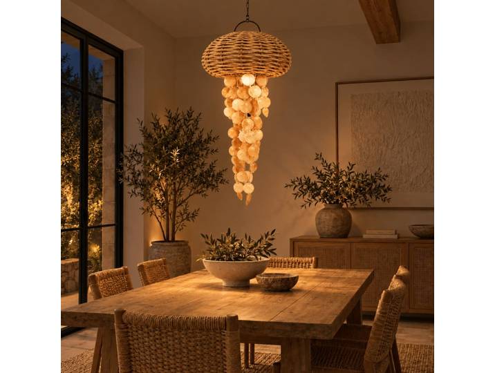 Plafonnier en rotin et coquillages marron 42x42x85 cm