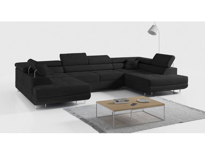 Ecksofa, Wohnzimmer U Couch, Polstersofa mit Bettkasten - GUSTAW-U - Schwarz