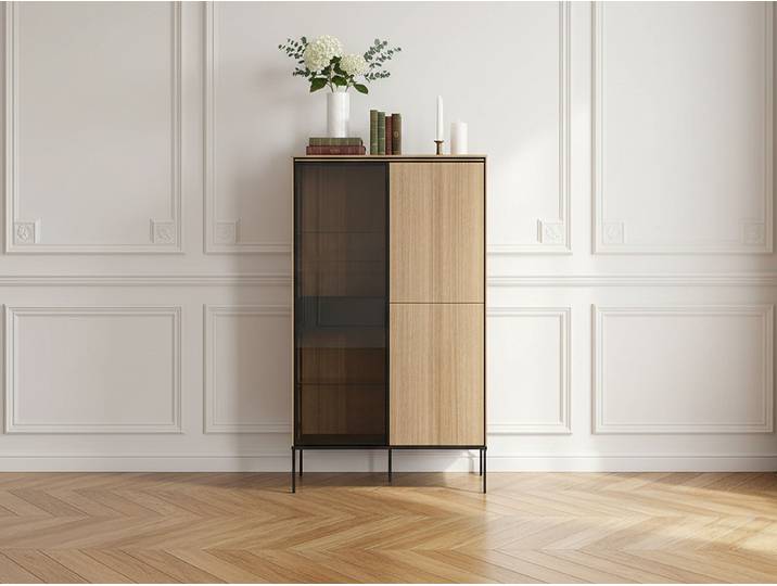 Meuble vitrine 3 portes H.156 cm VERONA effet chêne et verre fumé avec LEDS