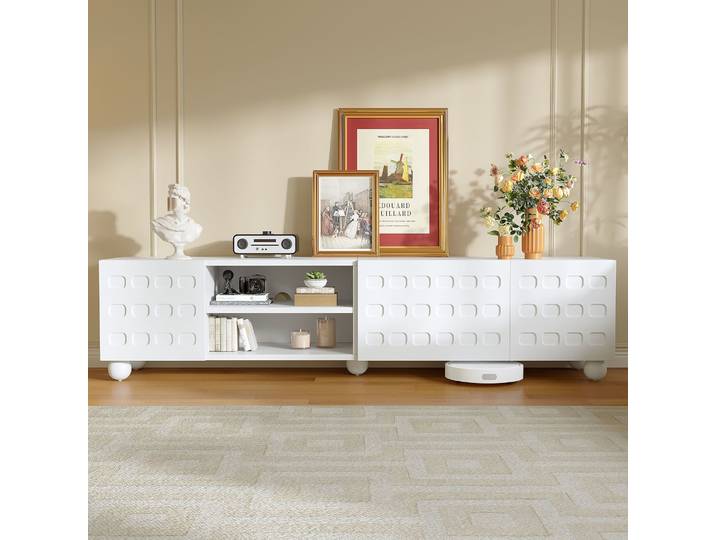 Meuble Tv Bas 200 X 40 X 44cm Blanc Avec 3 Portes Et 5 Pieds Pour Tv Jusqu’à 80 Pouces