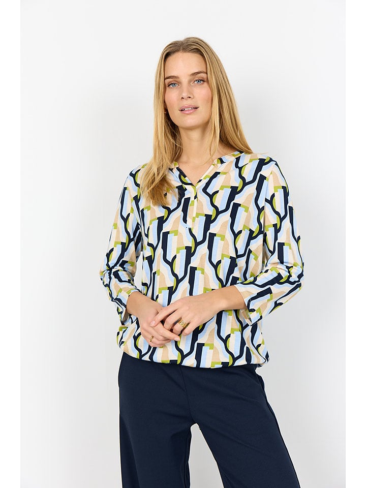 soyaconcept Bluse "Felicity" in Beige/ Dunkelblau - L