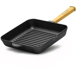 BRIZOLL Grillpfanne 26 cm Gusseisen Holzgriff Bratpfanne Pfanne Feuerpfanne Induktion