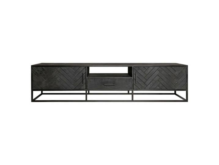 Meuble tv en bois noir motif chevrons, 2 portes 1 tiroir
