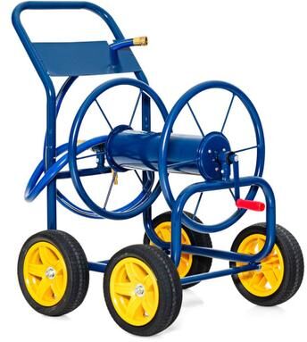 Costway Garden Hose Reel Cart 4 Wheels Heavy-Duty Metal Water Hose Organizer Portable-Blue