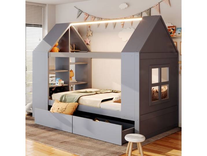 Lit cabane enfant - ZEVKOR - Lit cabane enfant 90×200 cm - LED intégrée - 2 tiroirs - Gris