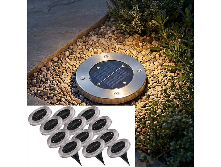 12er-Set Solar Bodenleuchte aus Edelstahl, mit Erdspiess, Ø 12 x 13 cm