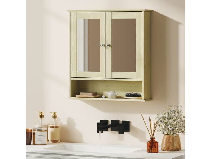 kleankin Armoire Murale Salle de Bain Bois Naturel avec Miroir