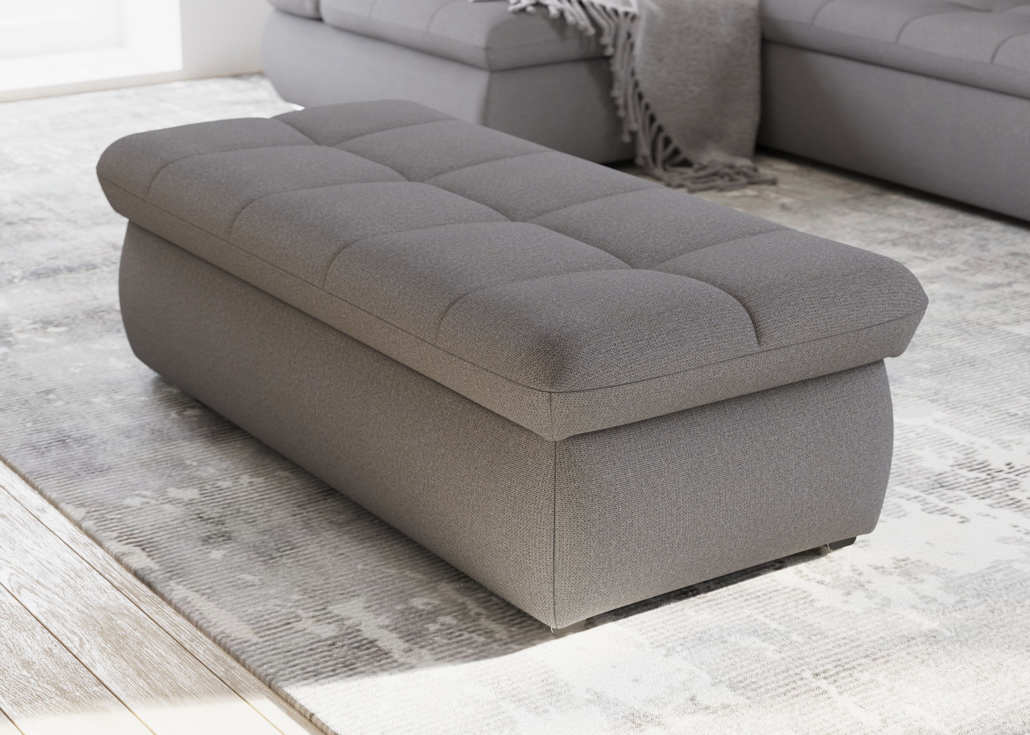Polsterhocker DOMO COLLECTION "MORIC 136x64 cm, praktisch und komfortabel", grau (dunkelgrau), B:136cm H:43cm T:64cm, 95%Polyester, 5% Polyamid, Hocker, Polsterhocker, inklusive Stauraum dunkelgrau B/H/T: 136cm x 43cm x 64cm, Struktur Chenille