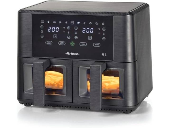 Ariete 4631 Doppel-Luftfritteuse 9 l, 2400 W, Gesamtkapazität 9 l, 11 Programme, Multifunktion, bis zu 3,6 kg frittierte Lebensmittel, Temperatur bis zu 200 °C, Doppelkorb, Schwarz