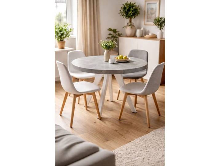 Table à manger ronde extensible 80–130 cm -décor BETON– Pied Bois massif Blanc-Balut Home