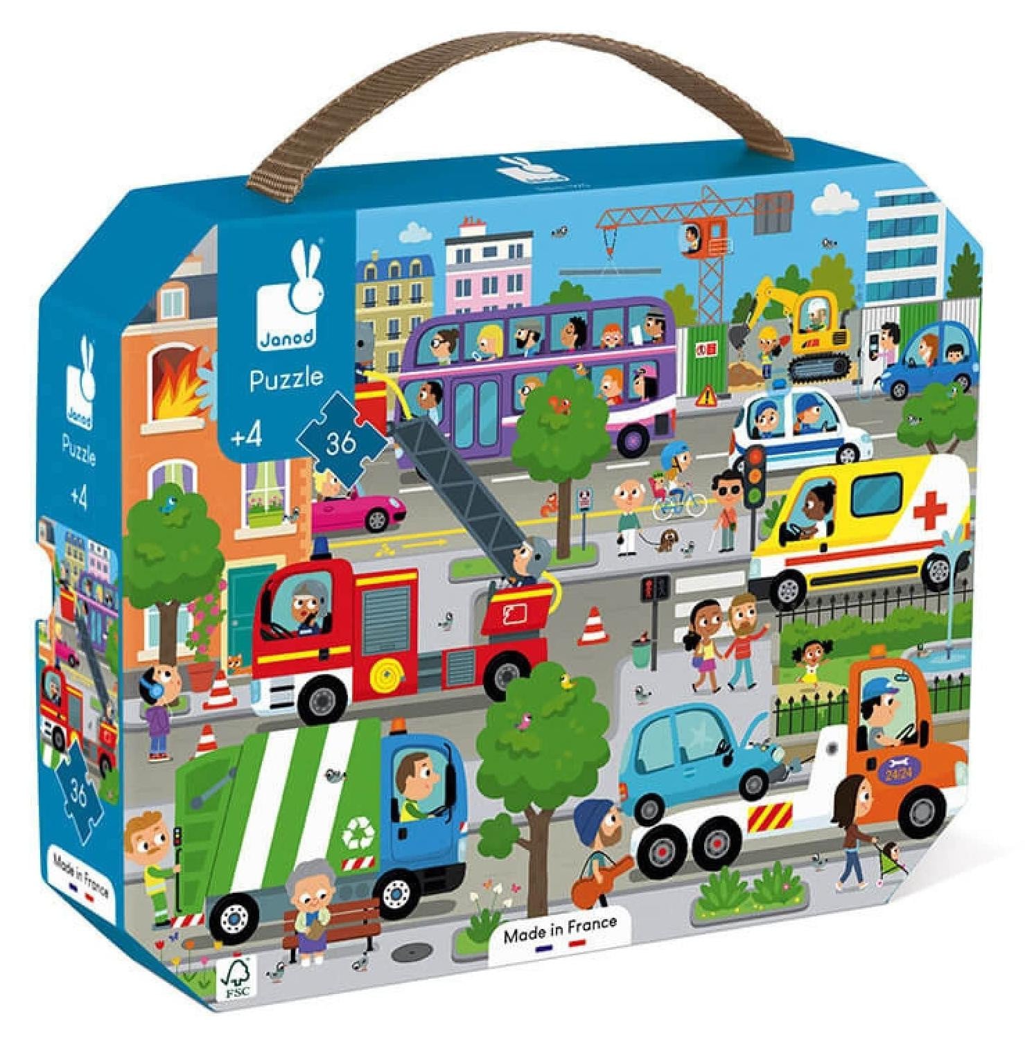 Janod Puzzel Stad - Kartonnen kinderpuzzel met 36 stukjes en koffer