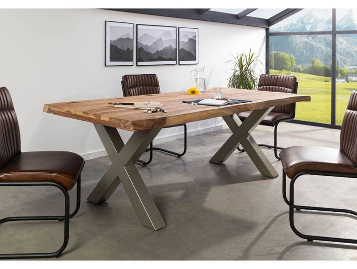 Baumtisch Sheesham 180x90x77 natur sandgestrahlt / X-Beine silber matt FREEFORM 5