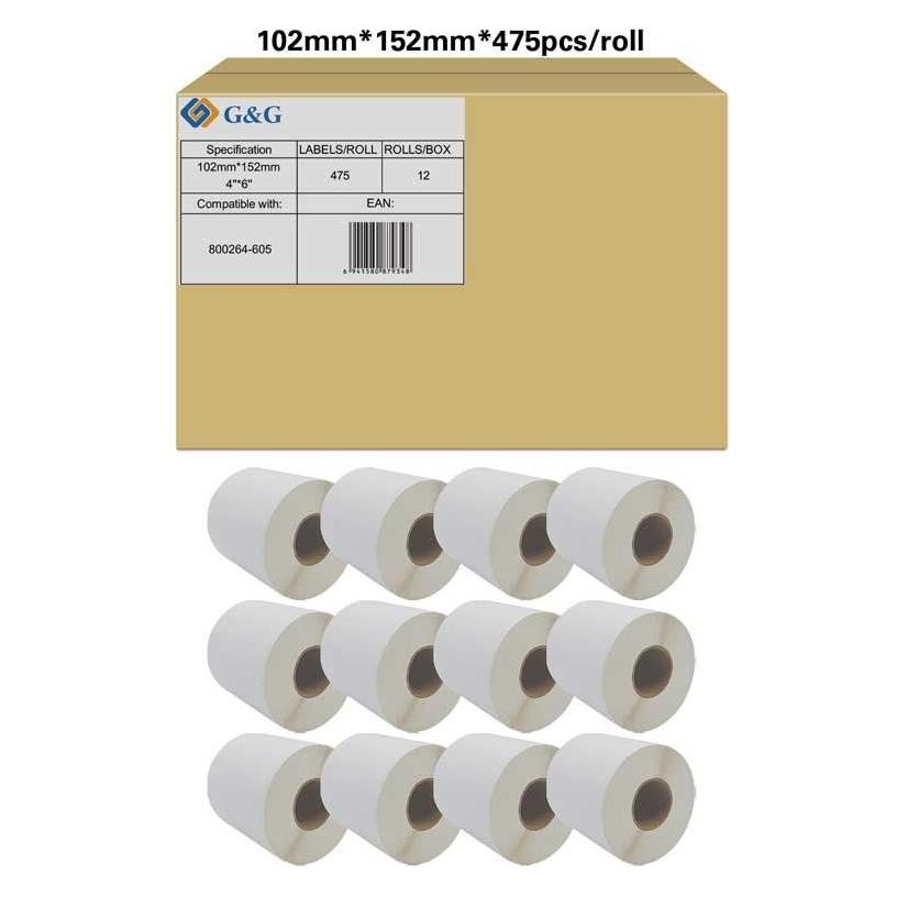 G&G Etiketten Rolle Papier Weiss 12 Rollen Permanent haftend (102 mm) (RL-P-S2011-102*152*475-BK/WT)