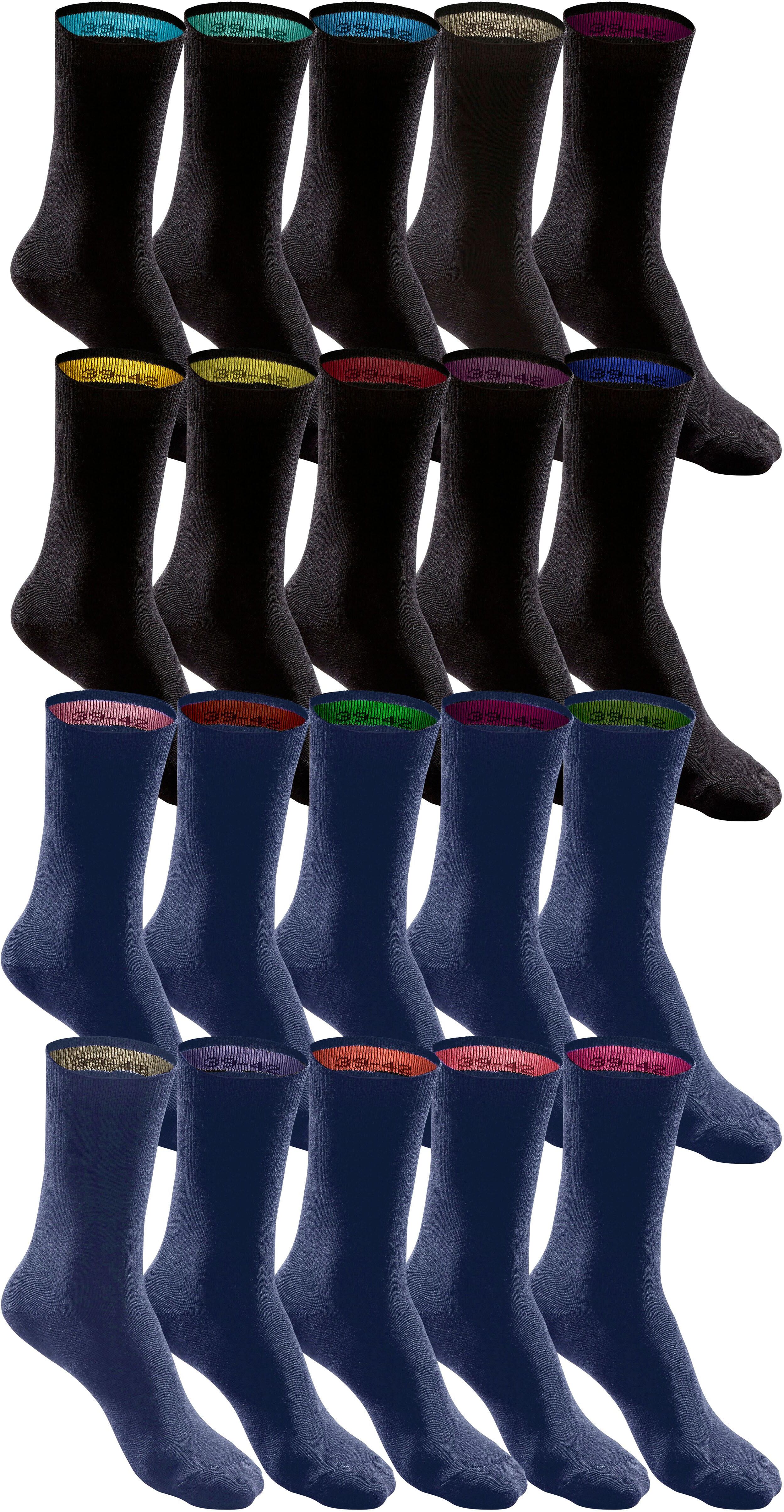Socken H.I.S "für Damen und Herren, perfekt zu sortieren mit farbigem Innenbündchen.", Damen, Gr. 47-48, blau (10x schwarz, 10x marine), Baumwolle, Elasthan, Polyamid, unifarben, elastisch, Socken Socken, in praktischer Geschenkbox, für Beruf und Freizeit