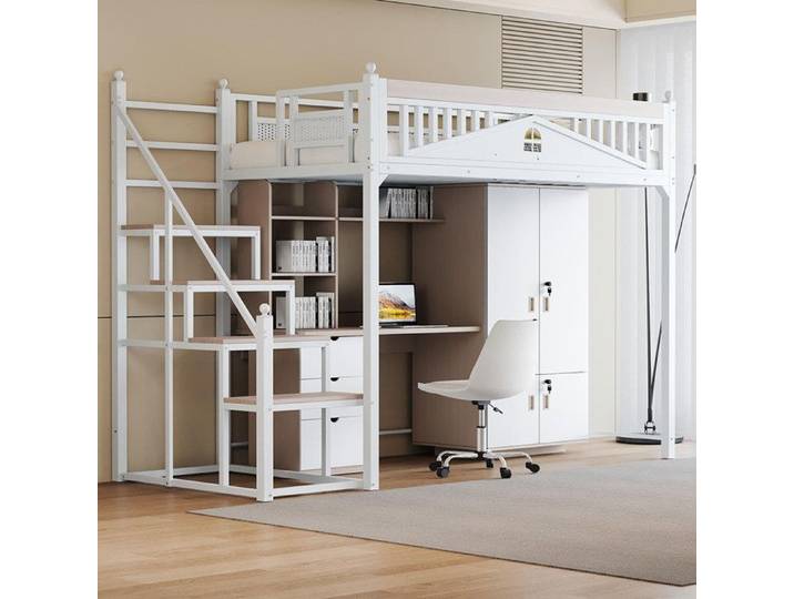 Lit Mezzanine Métal 90x200 cm Barrière Sécurité Fenêtre Échelles Interchangeables Rangement Blanc