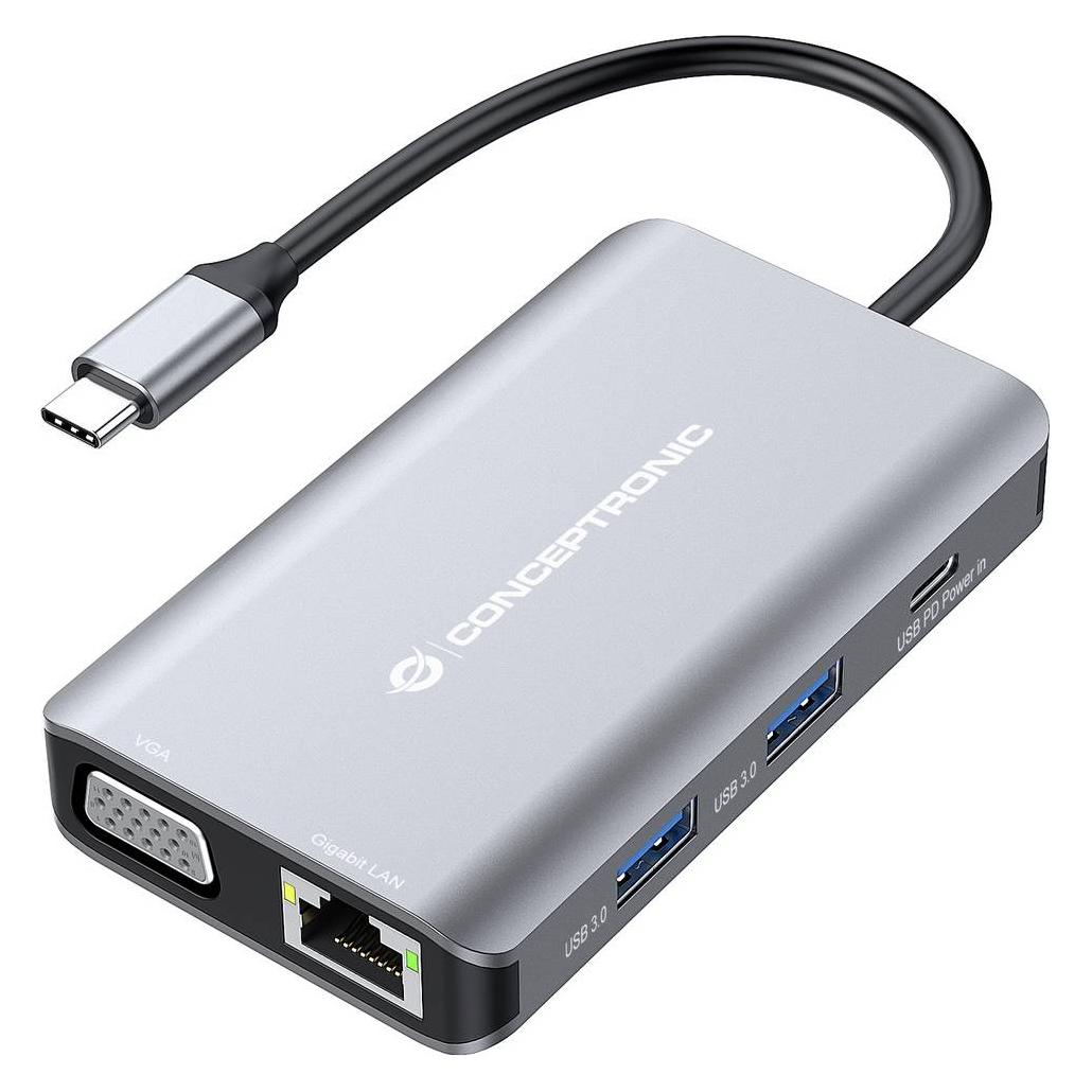 Conceptronic Dock USB-C->HDMI,VGA,GbE,3xUSB3.0,100WPD 0.25m (USB-C, 7 Ports) (DONN21G)