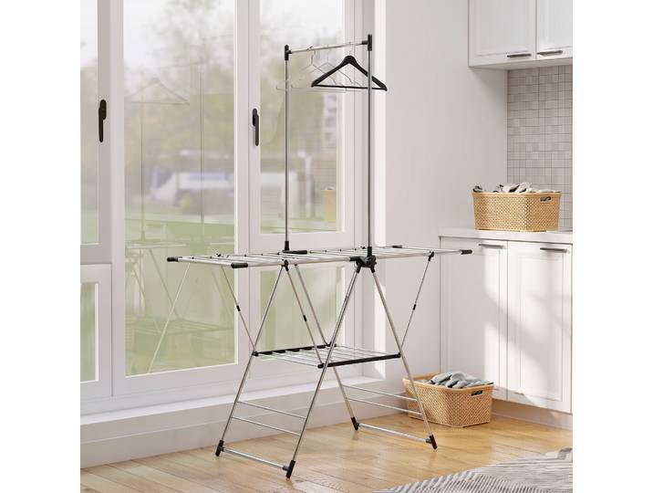 HOMCOM Séchoir Vertical Pliable avec Ailes et 4 Supports Argent