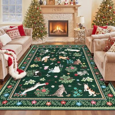Garvee Pastoral Cat Pattern Washable Area Rug