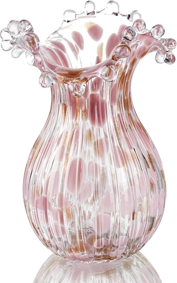 Moderne handgeblazen glazen vaas met roze bloemblaadjes - Hoogte: 22 cm