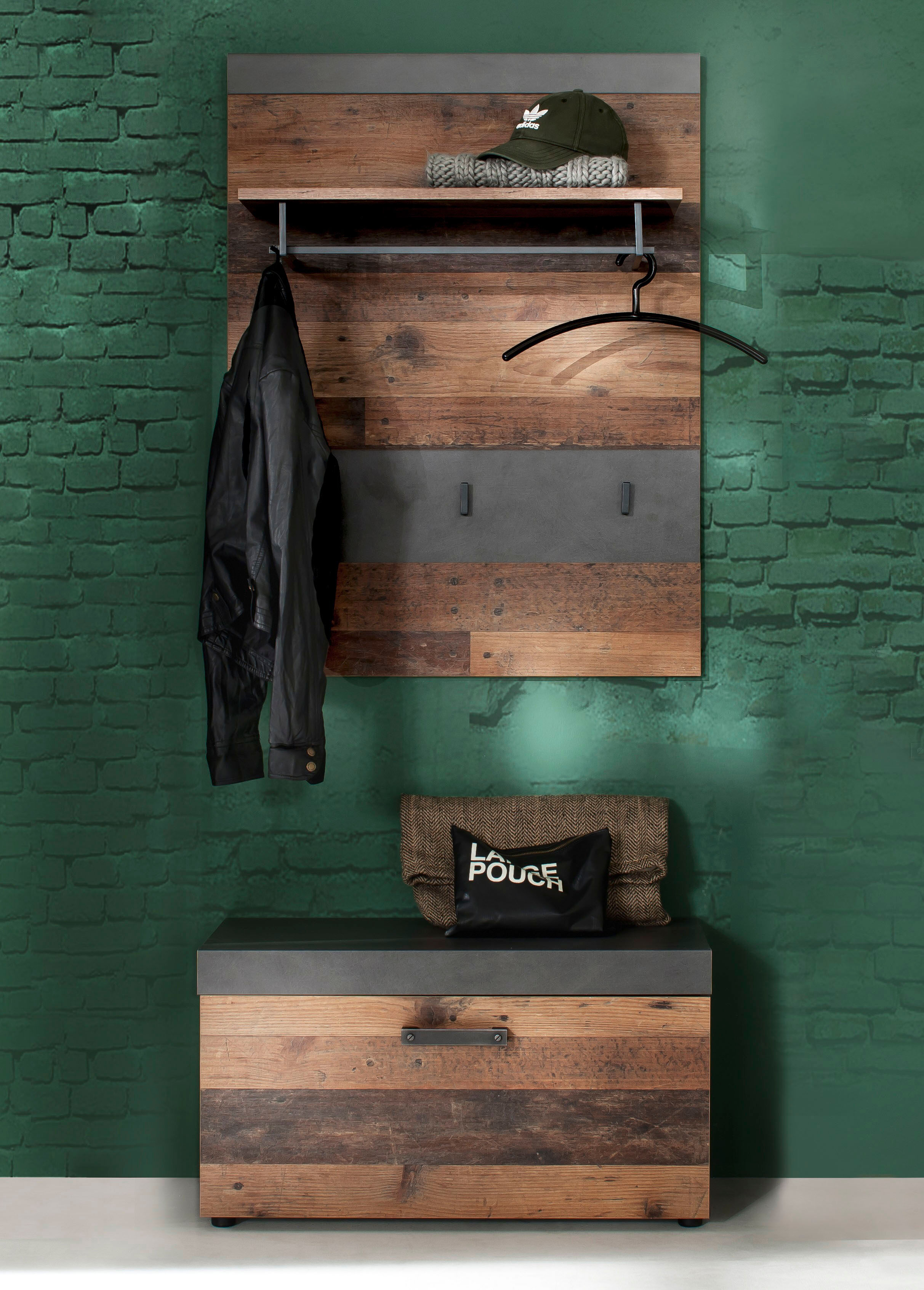Garderoben-Set HOME AFFAIRE "Ilana", braun (graphit grau matera, old wood, absetzung: graphit grau matera), Kastenmöbel-Sets, Garderoben-Set, Garderobenmöbel im modernen Industrial Style mit antikfarbenen Griffen graphit grau matera, old wood, absetzung: 