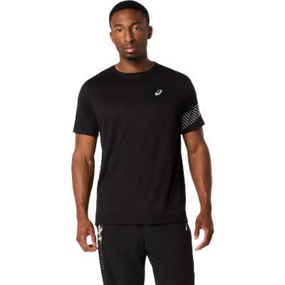 Laufshirt ASICS "ICON SS TOP", Herren, Gr. S, schwarz (performance schwarz, cream), Obermaterial: 100% Polyester, Shirts Laufshirt, Schnelltrocknend, Atmungsaktiv, Reflektierend