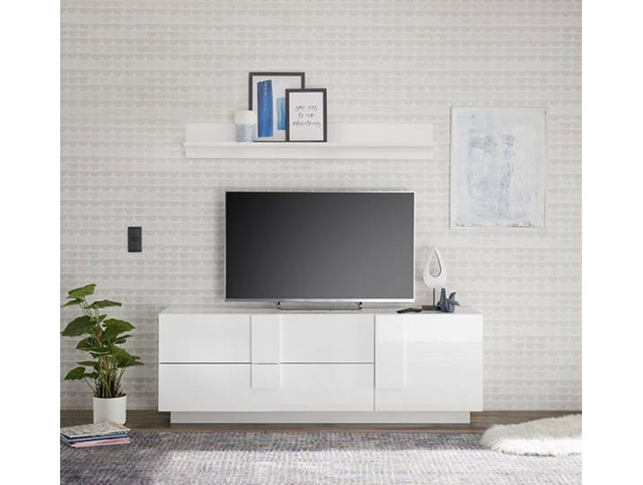 Meuble tv 1 porte 2 tiroirs Kaspi blanc brillant - Basika